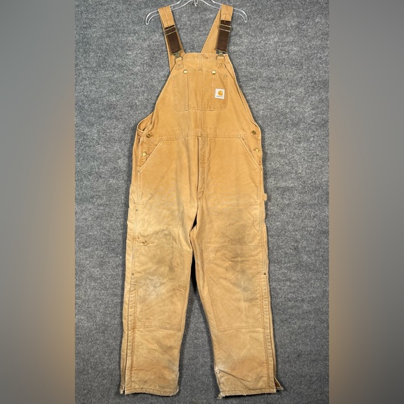 Carhartt Men’s 44X32 Brown Tan Canvas Quilted Lined Overalls Outdoor Workwear